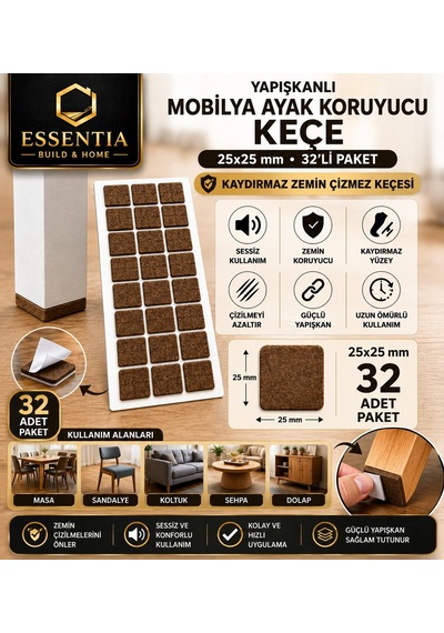 Yapışkanlı Mobilya Ayak Koruyucu Keçe 25x25 Mm 32'li Paket Kaydırmaz Zemin Çizmez Keçesi Kahverengi