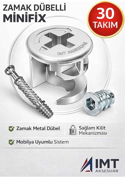 Tr İmt Aksesuar Zamak Metal Dübelli Minifix Gövde Mil Ve Dübel Seti - Mobilya Ve Dolap Bağlantı Elemanı 30 Takı Diğer