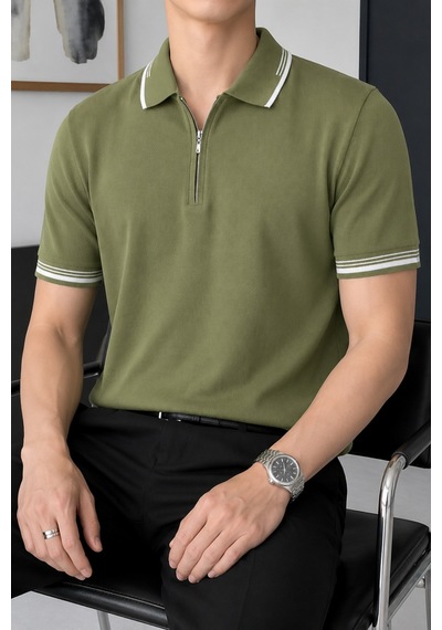 Tarz Cool Erkek Fermuar Yaka Triko Polo Tişört Slim Fit Pamuklu Yazlık Triko Yeşil