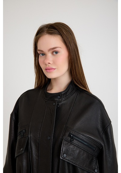 Oversize Bayan Deri Ceket Vb-24-bk-2797-24023 Siyah