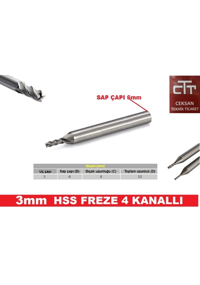 3 Mm Hss Freze 4 Ağızlı Sap Kısmı 6 Mm Kutulu