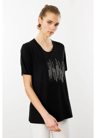 Desen Triko Sıfır Yaka Taş Baskılı Penye Kadın T-shirt 25769 Siyah