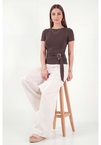 Lela Toka Detaylı Fitted Fit Kayık Yaka Bluz Bayan Bluz 5862707 Kahve
