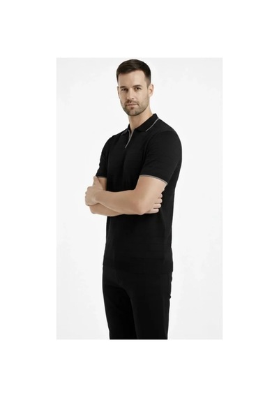 Butik İstanbul Erkek Triko Kumaş Yakalı Düğmesiz Açık Yaka Fitilli Kısa Kollu Regular Fit Tişört T-shirt - Siyah