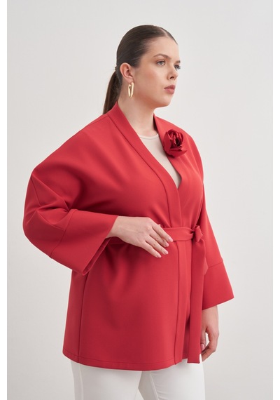 Aker Kırmızı Kumaş Broşlu Kimono Kırmızı Kırmızı