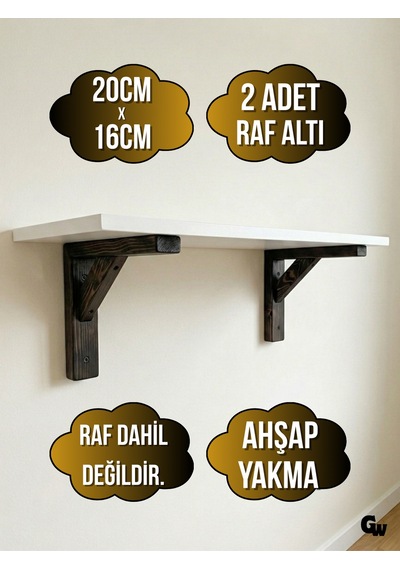 Raf Altı Ahşap Tutucu L Raf Ahşabı Duvar Sabitleyici Ahşap Yakma 2 Adet 20x16cm Beyaz Çam
