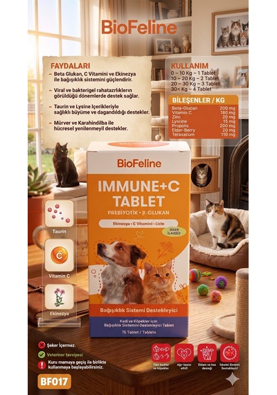 Biofeline Immune-c Kedi Bağışıklık Güçlendirici Tablet - C Vitamini & Çinko