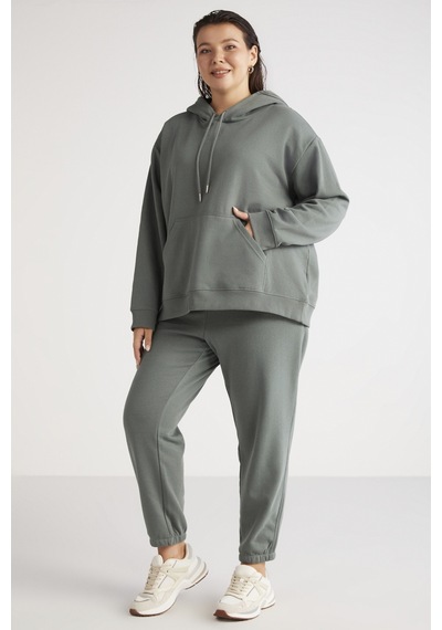 ETHIQUET TEREZABB Kadın Içi Polarlı Yumuşacık Comfort Fit Kapüşonlu Kanguru Cep Yeşil Büyük Beden Sweatshirt