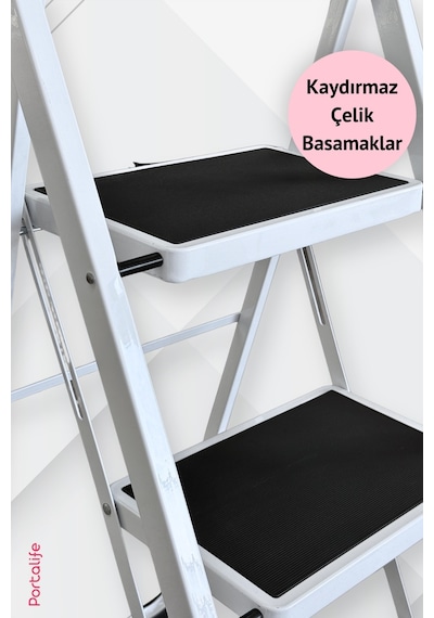 Portalife 2 Basamaklı Beyaz Çelik Merdiven Ekstra Güvenli & Ultra İnce Katlanabilir Tasarım