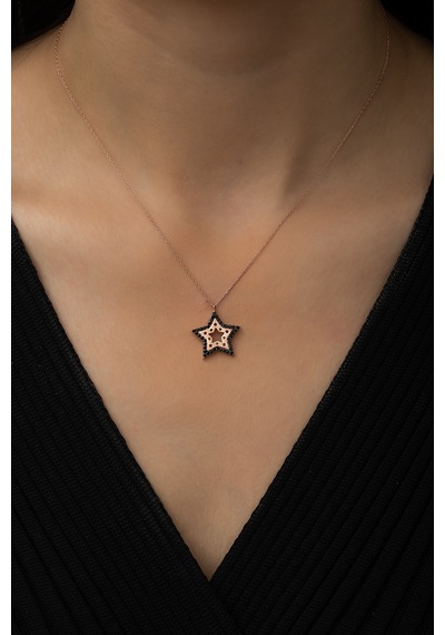 Papatya Silver Siyah Taşlı Yıldız Kontürlü Kolye Rose Gold Kaplama 925 Ayar Gümüş, UVPS100496