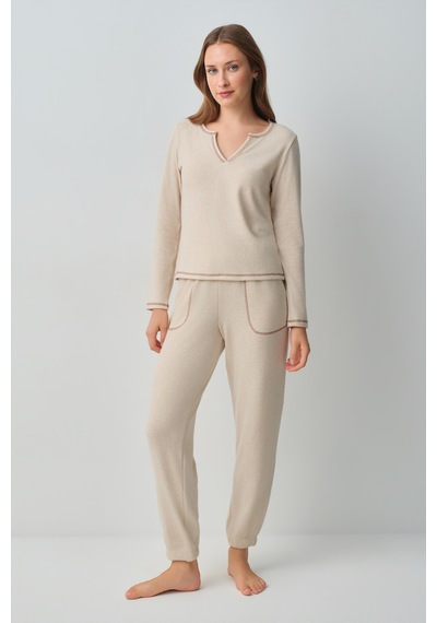 Suwen Comfort V Yaka Pijama Takımı Wsh105100931563 Krem Melanj