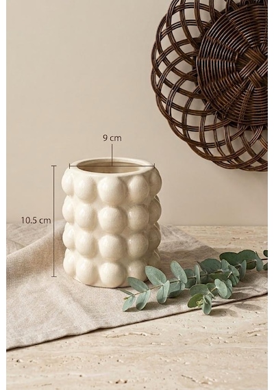 Bubble Seramik Vazo 10.5x9 Cm - Baloncuklu Makyaj Fırçalığı Ve Masa Üstü Kalemlik Organizer Krem