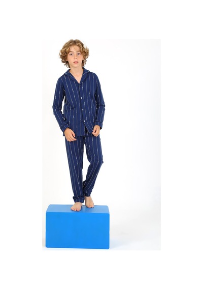 Vitmo Erkek Çocuk Uzun Kollu Pamuklu Düğmeli Pijama Takımı Leo Uzun İndigo