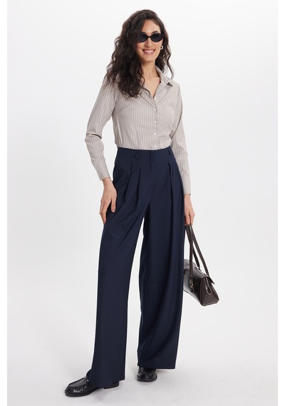 Tudors Kadın Slim Fit Dar Kesim Uzun Kollu Çizgili Bej Gömlek-50324