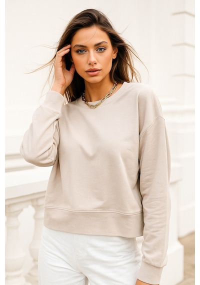Kadın Bej Pamuklu İnterlock Oversize Sweatshirt Bej