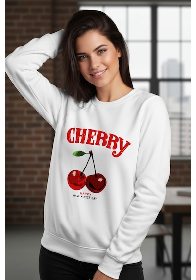Uyguntarz Unisex Happycherry Tasarım Basklı Sweatshirt beyaz