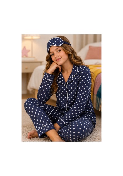 Free Beka Lacivert Puantiye Desenli Uzun Kollu Önden Düğmeli Gömlek Yaka Kız Çocuk Pijama Takımı Ve Göz Bandı