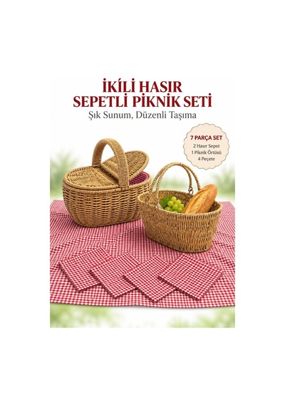 Piknik Seti 5 Parça + Oval Hasır Görünümlü 2 Adet Kapaklı Ve Kapaksız Sepet Krem