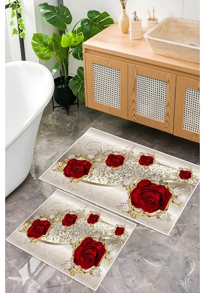 Dijital Baskı Gül Desen Kaymaz Taban 2li Set Banyo Paspası Klozet Takımı 50x60cm-60x100cm Krem