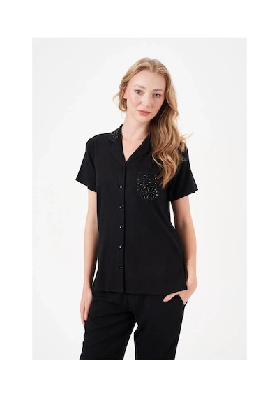 Moda Dua Pjs 29006 Kadın Kısa Kol Önden Düğmeli Pijama Takımı siyah