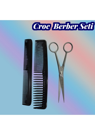 Croc Set01 3lü Berber Seti Makas + 2 Adet Tarak Siyah