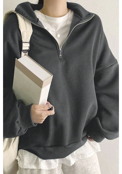 Ghassy Co. Kadın Pamuklu Oversize Silver Yarım Fermuarlı Sweatshirt Füme