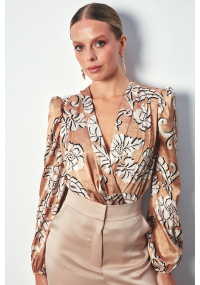 Sateen Desenli Bodysuit Bluz - Camel