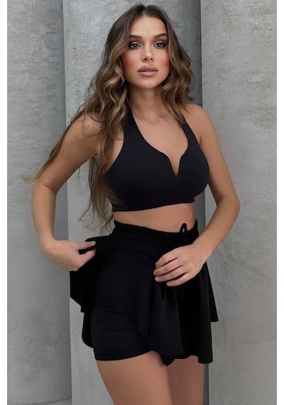 Lesa Wear Yüksel Bel Bol Kesim Etek Görünümlü Taytlı Spor Şort Siyah