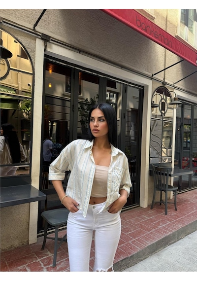 WeShaya Mavi Çizgili Cepli Düğmeli Gömlek Mavi