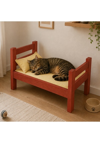 Ahşap Kedi Yatağı Karyola Kalın Pedli Kedi Evi Yatak 1200
