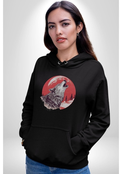 Uluyan Beyaz Kurt Kadın Erkek Siyah Kapüşonlu Sweatshirt Hoodie Siyah