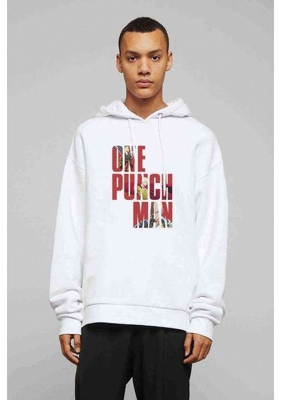 One Punch Man Baskılı Beyaz Erkek Örme Kapşonlu Sweatshirt (531037797)