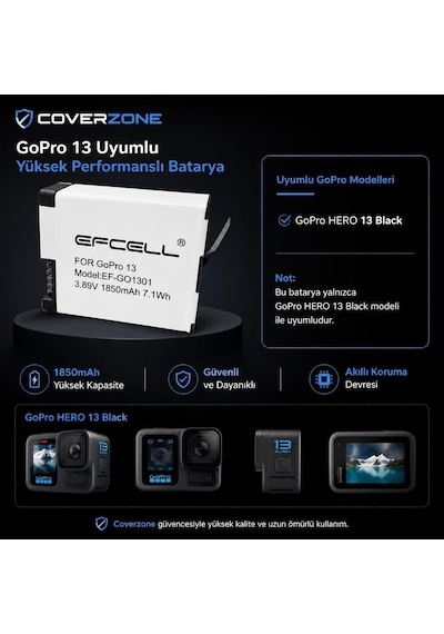 Lexroo Gopro Hero13 Black İle Uyumlu 1850mah Yüksek Kapasiteli Aksiyon Kamera Bataryası 3.89v 7.1wh Standart