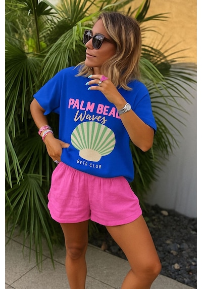 Palm Beach Waves Baskılı Unisex Tshırt Saks Mavisi