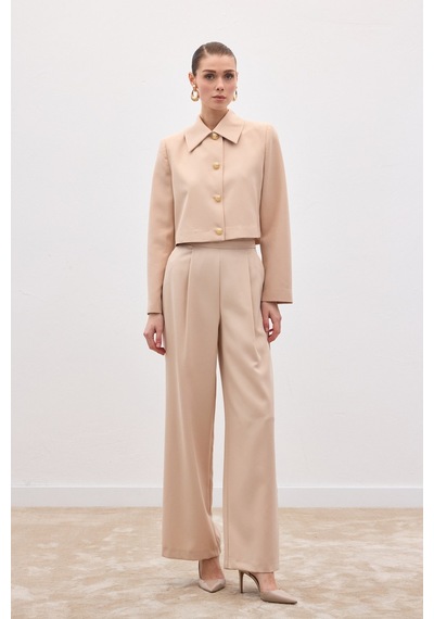 Sateen Düğmeli Kısa Ceket - Bej-136590 Bej