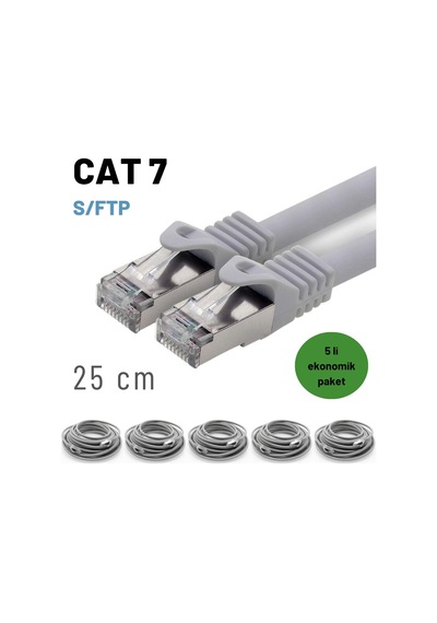 5 Adet 25 Cm Gri , Cat7 Kablo S/ftp Ethernet Network Lan Ağ Kablosu