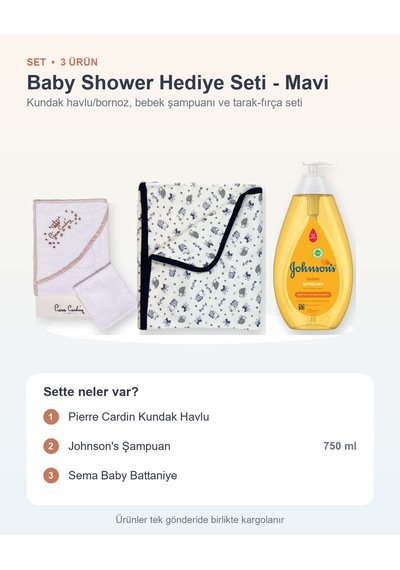 Baby Shower Hediye Seti 3 Parça: Pierre Cardin Kundak Havlu + Johnson's Şampuan + Battaniye - Mavi