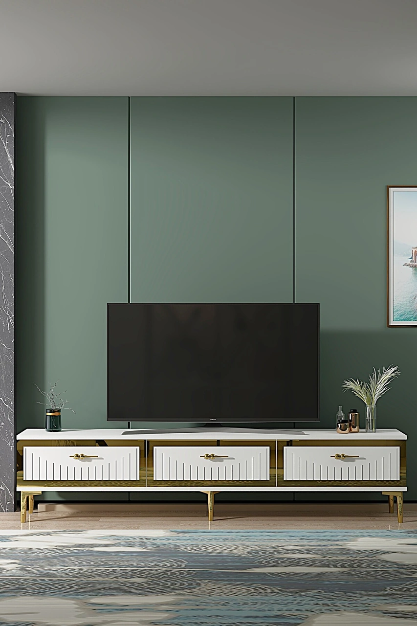 Tsa1802bg - Tuna Tv Stand, Tv Sehpası Beyaz-gold 180cm Beyaz