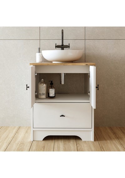 Ayaklı 2 Kapaklı Lavabolu Mdflam 60 Cm Banyo Dolap Atlantik Çam - Beyaz Ayaklı 2 Kapaklı Lavabolu Mdflam 60 Cm Banyo Dolap Atlantik Çam - Beyaz