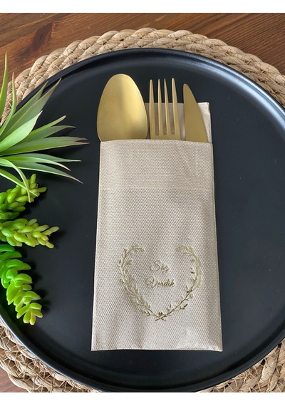 Gold Yaldızlı Kraft Söz Verdik Kalp Çelenk Cepli Peçete 12 Lı 40x40
