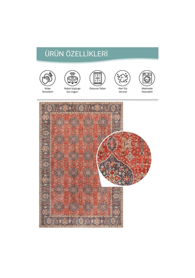 Artloop Relic Kiremit Vintage Klasik Desenli Dokuma Tabanlı Şönil Halı Al 605 Kiremit Klasik Desenli