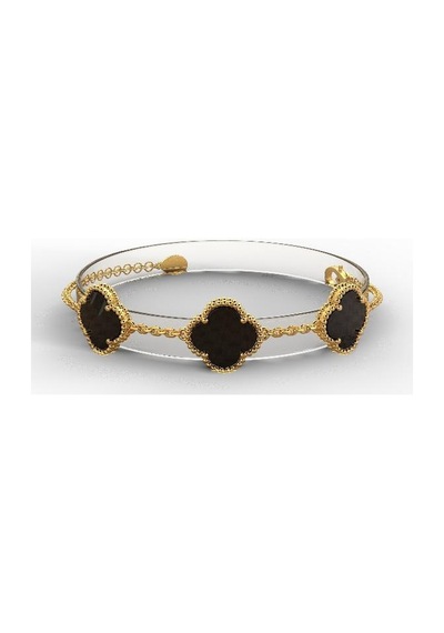Roza Silver 925 Ayar Oniks Taşlı Gold Üçlü Yonca Gümüş Bileklik Rb10047