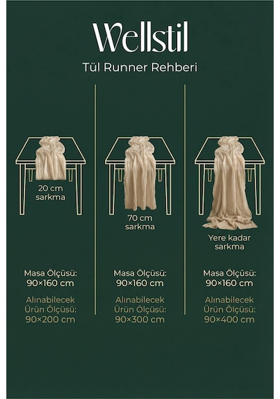Nuvé %100 Pamuk Tül Runner, Bohem Düğün Nişan Organizasyon Masa Örtüsü Bej
