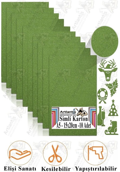 Yeşil Simli Karton A5 15x20 Cm 10 Lu 1 Paket Simli Fon Kartonu Parıltılı Kağıt Anasınıfı Kreş Etkinlik Proje Yeşil