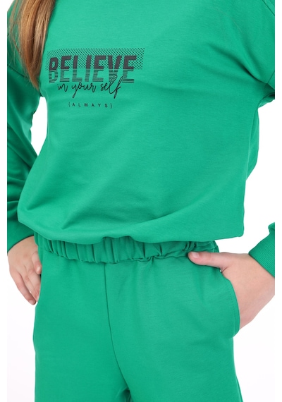 Toontoy Kids Toontoy Kız Çocuk 2'li Takım Baskılı Bisiklet Yaka Sweatshirt & Beli Lastikli Bol Paça Eşofman Altı - 2 İplik Koyu Yeşil