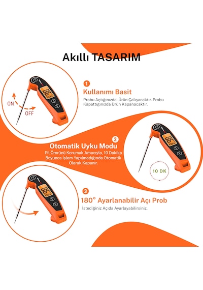 Thermopro TP605O Katlanabilir Problu Profesyonel Gıda Pişirme Termometresi-Turuncu