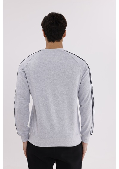 Rowinger Çift Şeritli Raglan Kol Minimal Logolu Bisiklet Yaka Sweatshirt Grey