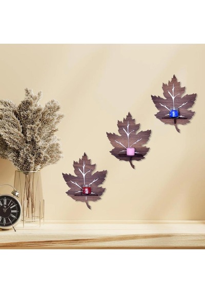 Woodart Dekoratif Doğal Ahşap 3’Lü Çınar Yaprağı Modeli Duvar Raf