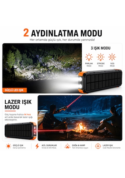 Ultratekno Fc-20 Solar Powerbank 20000 Mah 22.5w Hızlı Şarj Kablosuz Şarj El Kranklı Led Fenerli Taşınabilir Güç Bankası Siyah - Turuncu