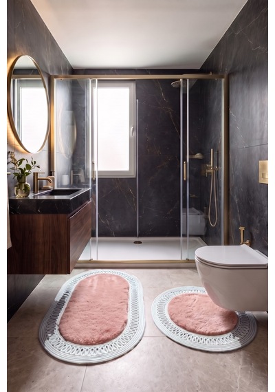 Banyo Paspası Takımı 60x100+60x60 Cm İç Trikot Pembe & Gümüş